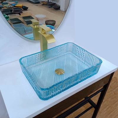 460mm 길이 직사각형 배 싱크실 유리 욕실 330mm 너비 물 파란색