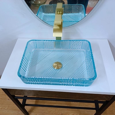 460mm 길이 직사각형 배 싱크실 유리 욕실 330mm 너비 물 파란색