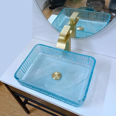 460mm 길이 직사각형 배 싱크실 유리 욕실 330mm 너비 물 파란색